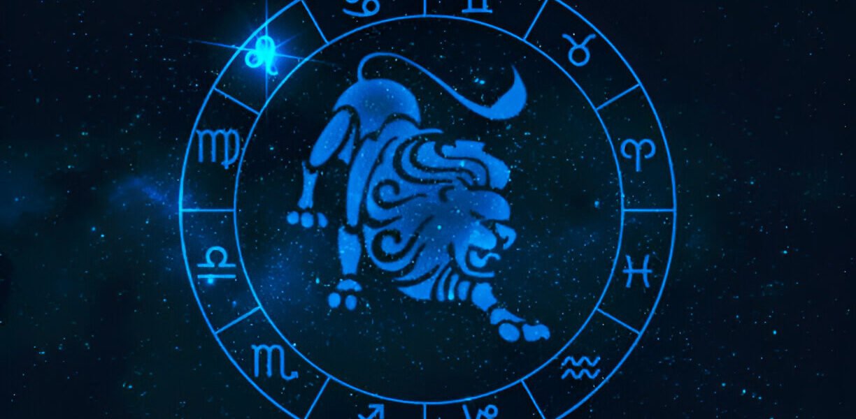 Golden Leo zodiac symbol (♌) with a majestic lion icon, glowing under a radiant sun backdrop, representing boldness, confidence, and leadership.